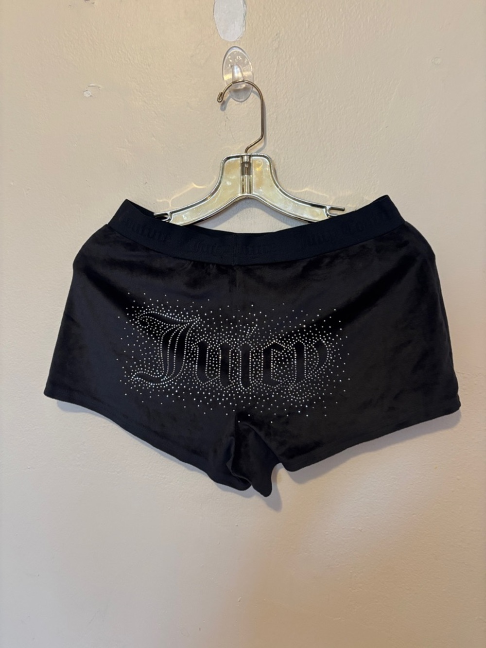 Juicy Couture Black Satin Shorts with Rhinestone Juicy Logo